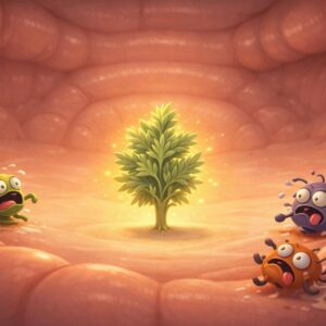 Illustration du déparasitage naturel montrant un intestin équilibré avec une plante symbolisant un terrain sain et des micro-organismes fuyant un environnement redevenu cohérent.