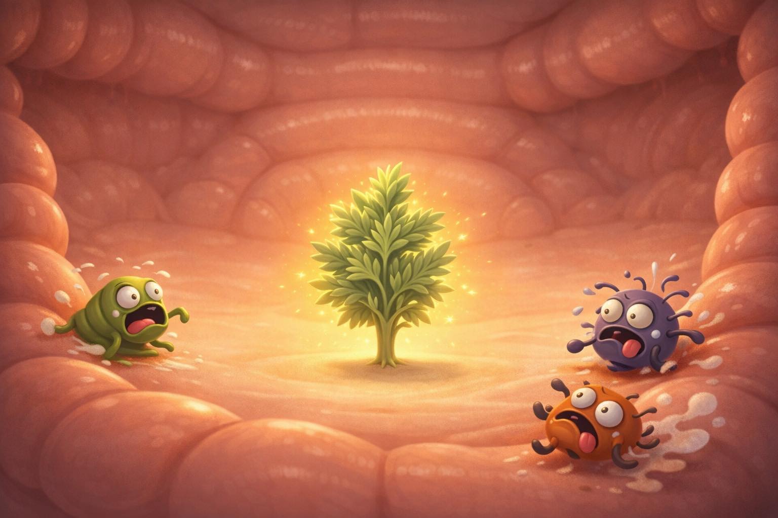 Illustration du déparasitage naturel montrant un intestin équilibré avec une plante symbolisant un terrain sain et des micro-organismes fuyant un environnement redevenu cohérent.